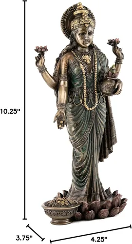 Miniatura 8 de Top Collection Lakshmi Estatua en plataforma de loto, escultura de diosa de la riqueza, la prosperidad, la sabiduría y la fortuna en bronce fundido