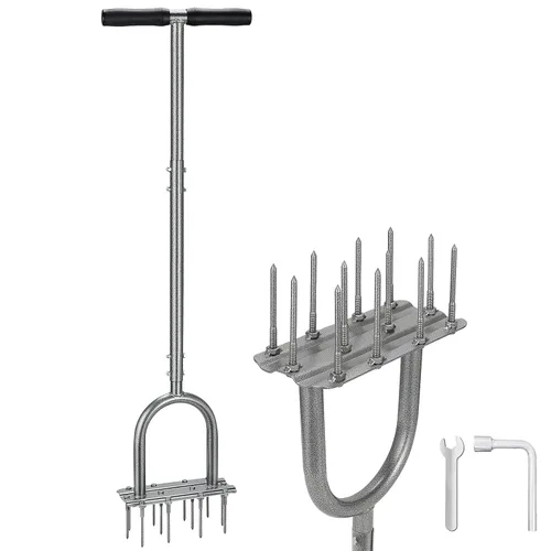 Aireador de césped, aireador de césped premontado de 43.3 pulgadas con 12 picos de hierro alargados de 3.5 pulgadas, aireador manual eficiente para