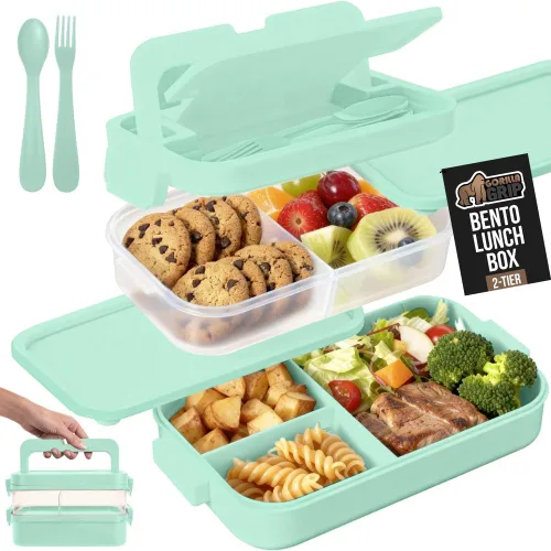 GORILLA GRIP Lonchera Bento a prueba de fugas sin BPA para mujeres, hombres, niños, estilo de 2 niveles, con asa fácil de transportar, apta para