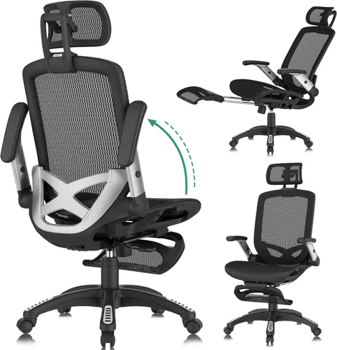GABRYLLY Silla de oficina con reposapiés, silla de escritorio ergonómica – 135° reclinable ancho, brazos abatibles de 45°, reposacabezas 3D y