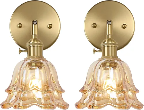 Miniatura 16 de Paquete de 2 apliques de pared dorados con modernas pantallas de vidrio ámbar, accesorios modernos de luz de pared de tocador de baño de mediados
