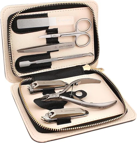 Beauty Power Set de manicura y pedicura 7 en 1 de acero inoxidable, ultra afilado, cortauñas inclinado, cortauñas para dedos, cortacutículas, lima