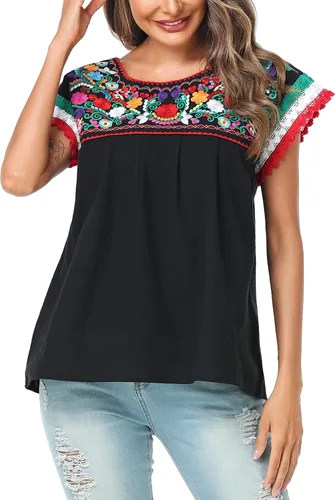 Miniatura 5 de YZXDORWJ Blusa tradicional colorida con encaje bordado mexicano para mujer, camiseta tricolor para el día de la independencia mexicana