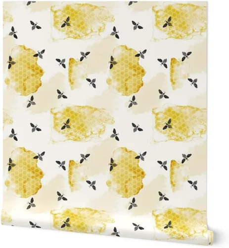 Spoonflower Papel tapiz autoadhesivo de 3 x 2 pies – Abeja verano jardín acuarela miel oro negro nido de abeja insectos colmena abeja abejas papel
