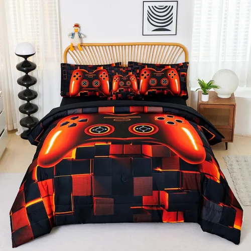 Miniatura 15 de PERFEMET Juego de ropa de cama tamaño Twin en una bolsa, 6 piezas, juego de ropa de cama gaming para niños, edredón azul gamer con juego de sábanas