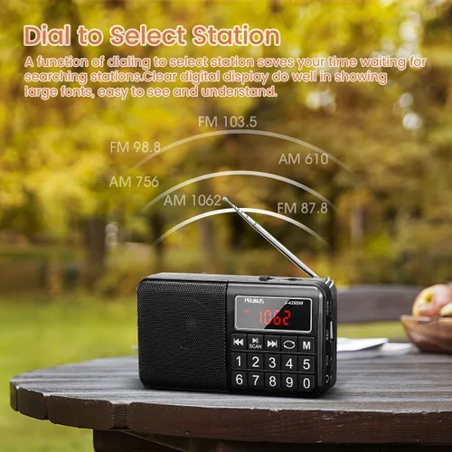 Miniatura 3 de PRUNUS Radio pequeña 429, radio de bolsillo, radio AM FM con carga USB, botón grande, altavoz de neodimio, guardado automático, unidad flash USB