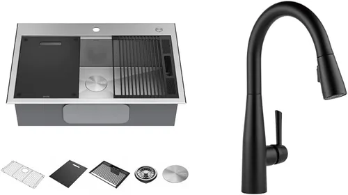 DELTA, Rivet - Lavaplatos de cocina de 33 pulgadas con estación de trabajo, montaje superior, acero inoxidable de calibre 16, cuenco individual +