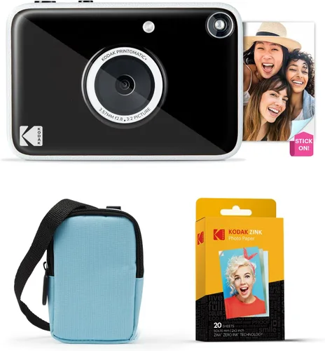Kodak Printomatic+ Paquete de inicio de cámara digital de impresión instantánea + funda de transporte (azul) + papel fotográfico Zink con parte Negro