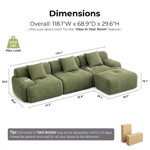 Miniatura 2 de LIKIMIO LumiCord - Sofá modular modular con otomana, sofá sin hueso en forma de L de 118 pulgadas para sala de estar, asiento profundo de gran Verde
