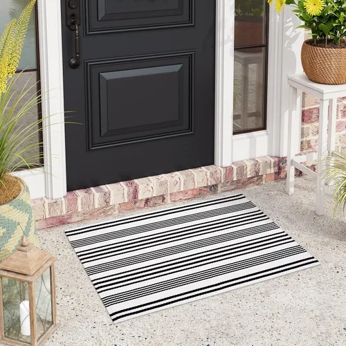 Miniatura 20 de Alfombra de lana cuadriculada para exteriores de 24 x 35 pulgadas, alfombra de algodón tejida a mano, plegable, lavable, reversible, en capas
