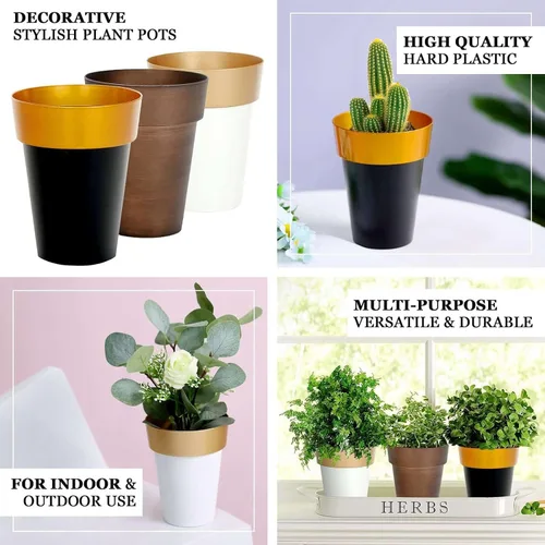 Miniatura 4 de Efavormart - Paquete de 2 macetas decorativas para interiores y jardines con borde blanco y dorado de 6 pulgadas