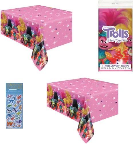Unique El paquete de suministros para fiesta de cumpleaños de Trolls incluye 2 fundas de mesa de plástico de 54 x 84 pulgadas y 1 hoja de