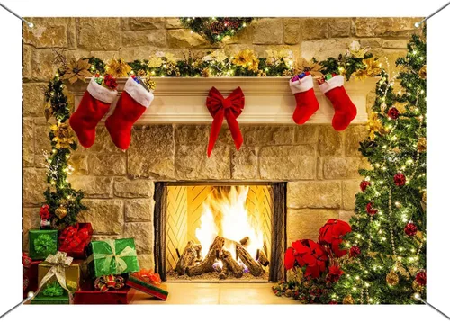 Miniatura 7 de Mocsicka Telón de fondo de chimenea de Navidad de 7 x 5 pies, caja de regalo de árbol de Navidad, botas rojas, fondo adornado, fondo de fotografía