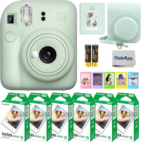 Fujifilm - Paquete de cámara instantánea Instax Mini 12 con película instantánea Fujifilm Instax Mini (60 hojas) y accesorios que incluyen estuche
