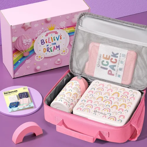Miniatura 3 de Fimibuke Lonchera Bento para Niños con 4 Compartimentos, Bolsa de Almuerzo Aislada, Botella de Agua Aislada de Acero Inoxidable, Paquete de Hielo