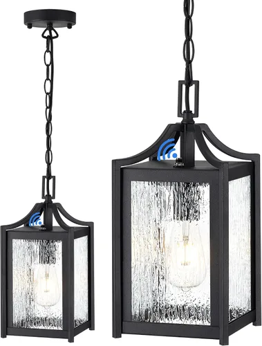 Miniatura 8 de Lámpara Colgante para Exteriores, 14" Luz Colgante Moderna Grande para Porche con Cadena Ajustable, Linterna Colgante Exterior Negra con Vidrio