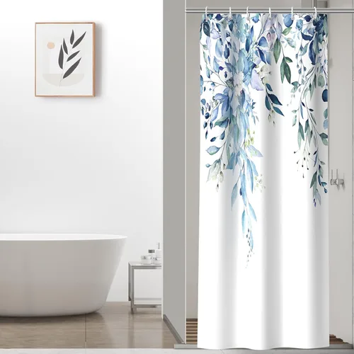 Colorful Star Juego de cortina de ducha impermeable de eucalipto azul con ganchos, decoración de baño minimalista con estampado floral de acuarela,