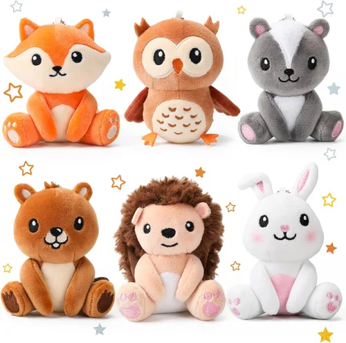 Miniatura 7 de Aoriher 6 piezas de mini animales del bosque, regalo de 4 pulgadas, lindo oso, conejo, ardilla, mapache, llavero de peluche para ducha, fiesta