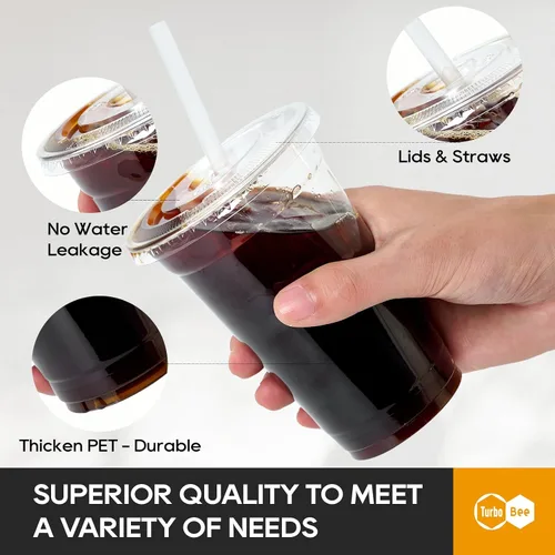 Miniatura 3 de Turbo Bee 200 juegos de vasos de plástico transparente de 20 onzas con tapas y pajitas, tazas de café helado desechables para llevar con tapas
