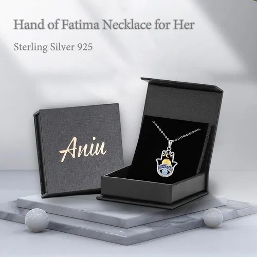 Miniatura 115 de Aniu Joyería de plata de ley 925 Hamsa de Fátima para mujer con circonita cúbica, viene con caja de regalo negra