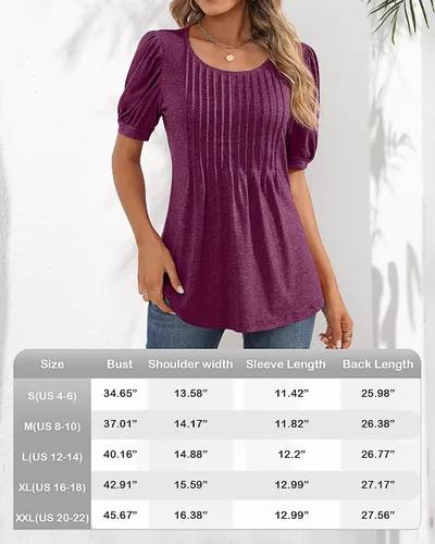 Miniatura 5 de Ficerd Blusa plisada de manga corta abombada para mujer, cuello redondo, elegante, casual, holgada, para primavera y verano