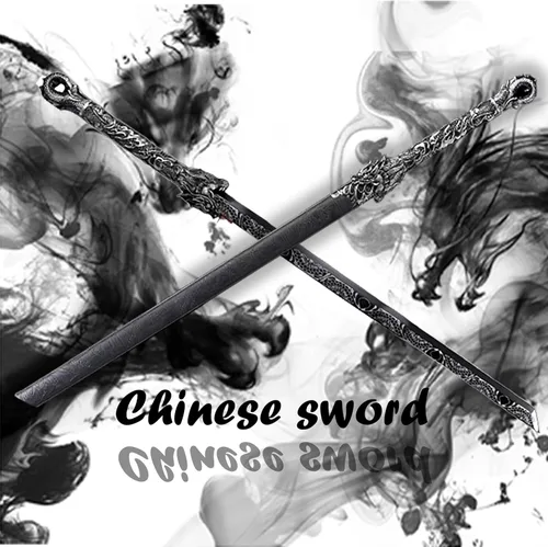 Miniatura 7 de Espada china de la dinastía Tang Dao de acero al carbono, hoja recta afilada, katana con patrón de dragón, funda Negro