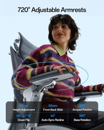Miniatura 5 de Hbada E3 Pro 2026 Edition Silla de oficina ergonómica, silla de escritorio de malla con soporte lumbar flotante de 3 zonas, reposacabezas 4D Gris