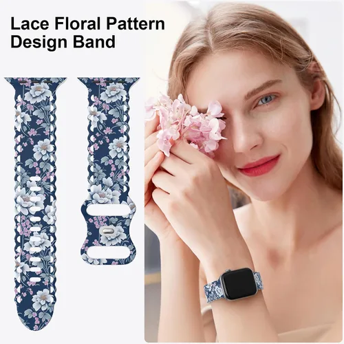 Miniatura 2 de Correa de encaje floral compatible con Apple Watch de 40mm 44mm 46mm 41mm 45mm 38mm 42mm 49mm, mujeres, correa deportiva de repuesto de silicona E