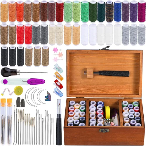 Miniatura 8 de BUTUZE Kit de reparación de tapicería, kit de costura de cuero, hilo de coser, hilo encerado, agujas de coser a mano resistentes, punzón de costura