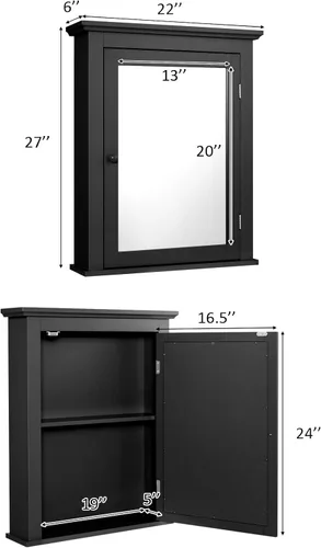 Miniatura 3 de Tangkula Gabinete de baño con espejo, gabinete tipo botiquín con espejo montado en la pared con puerta única y estante ajustable en 5 posiciones