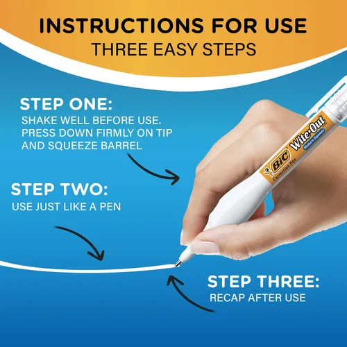 Miniatura 10 de BIC Wite-Out - Pluma correctora Shake 'n Squeeze, 8 ml de líquido corrector, paquete de 4 bolígrafos correctores blancos, fácil, limpia y fácil