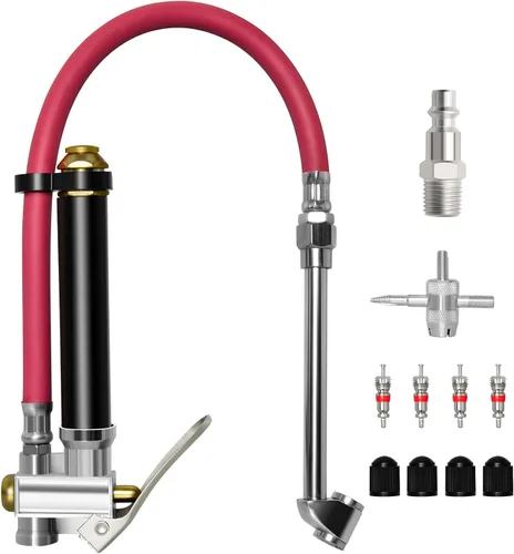 MEANLIN MEASURE Inflador de neumáticos rojo resistente con medidor de presión de 120 PSI, manguera de 15 pulgadas de doble cabezal y herramientas de