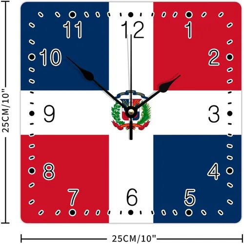 Miniatura 2 de Relojes de pared cuadrados de madera con bandera nacional de la República Dominicana con números arábigos, reloj silencioso sin tictac, funciona