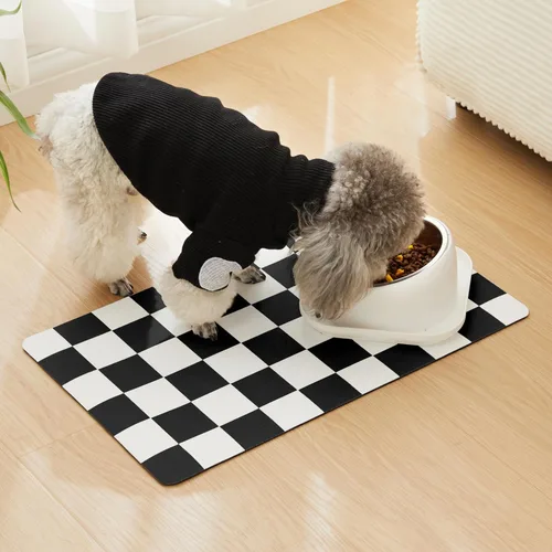 Miniatura 3 de Tapete de alimentación para perros a cuadros, absorbentes para comida y cuenco de agua, dispensador, comedero, mantel individual de tablero de Negro