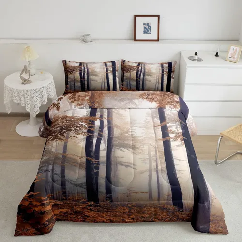 Miniatura 12 de Erosebridal Juego de ropa de cama con inserto de edredón de árbol brumoso para temporada de otoño, juego de edredón místico con niebla y naturaleza