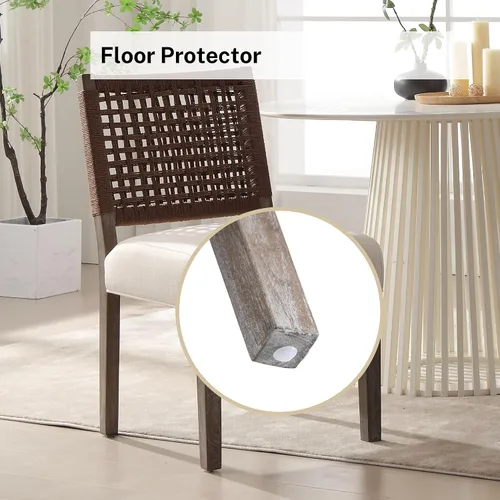 Miniatura 5 de Juego de 2 sillas de comedor de granja, sillas de comedor tapizadas con respaldo tejido a mano, asiento acolchado suave y patas de madera Beige