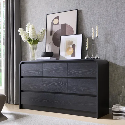 Miniatura 12 de Aitjunz Cómoda moderna de 5 cajones para dormitorio, 114 cm de altura con diseño de perfil curvo, cómoda vertical de madera estilo mediados de siglo