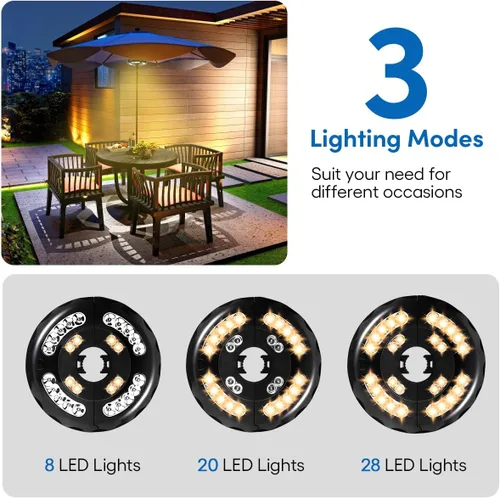 Miniatura 4 de Luz de sombrilla de patio de doble potencia, recargable y funciona con pilas, 3 modos de iluminación inalámbrica, luz de poste de sombrilla