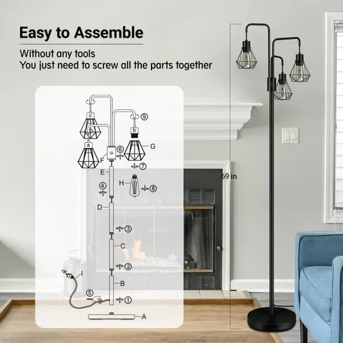 Miniatura 5 de BoostArea Lámpara de Pie Industrial, Pantalla de Lámpara de Diamante de Metal, Lámpara de Pie Moderna con 3 Luces, Bombillas No Incluidas, Lámpara