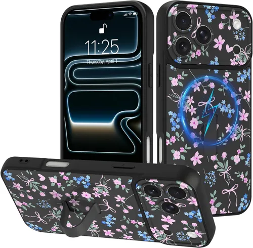 Miniatura 106 de Funda diseñada para iPhone 17 Pro Max con soporte plegable y correa para dedos, bonito patrón de lazo de corazón de flor rosa para mujeres y niñas