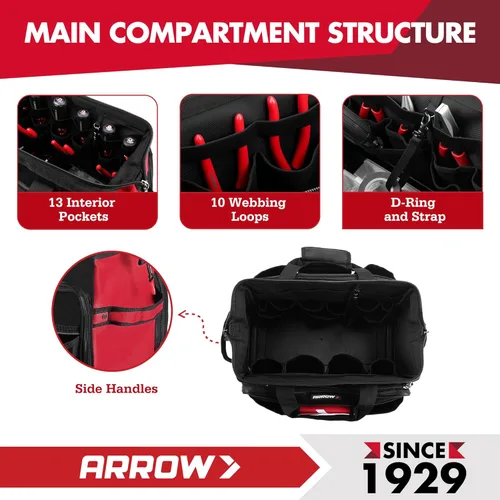 Miniatura 4 de ARROW - Bolsa de herramientas grande de 17 pulgadas con 36 bolsillos multipropósito, bolsas de herramientas para hombres de servicio pesado con base