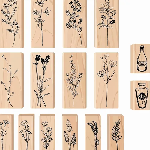 Juego de 16 sellos de goma de madera para manualidades, diseño de flores vintage, juego de sellos decorativos de goma montados en madera para