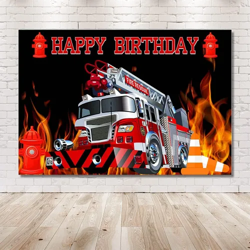 Miniatura 6 de MEHOFOND Telón de fondo de cumpleaños para camión de bomberos de 7 x 5 pies, decoración de fiesta de cumpleaños, accesorios para cabina de fotos