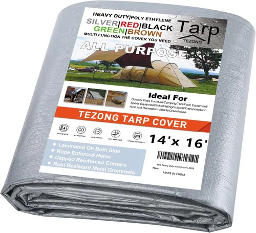 Miniatura 45 de Lonas resistentes impermeables de 4 x 5 pies, paquete de 2 lonas TEZONG negras de 0.472 in. de lona de plástico para exteriores para lluvia