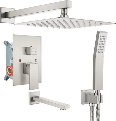 Miniatura 13 de gotonovo Sistema de ducha con boquilla de bañera, cabezal de ducha de lluvia montado en la pared y mango, juego combinado de grifo de ducha