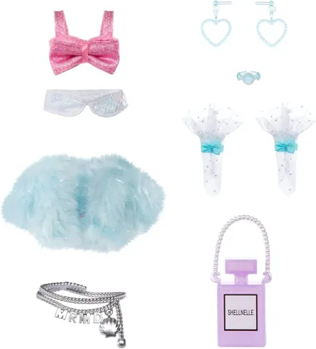 Miniatura 6 de MERMAZE MERMAIDZ Muñeca de sirena Shellnelle que cambia de color con atuendo y accesorios de diseñador, cabello elegante y cola esculpida, posable
