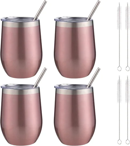 Miniatura 29 de Vaso de vino aislado de 12 onzas con tapa y pajita, vaso de vino de acero inoxidable sin tallo de doble pared, vaso de vino al vacío a granel