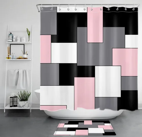 Miniatura 29 de HVEST Cortina de ducha geométrica rosa con ganchos, cortina de ducha moderna geométrica abstracta gris y blanco para baño, 72 x 72 pulgadas, juego