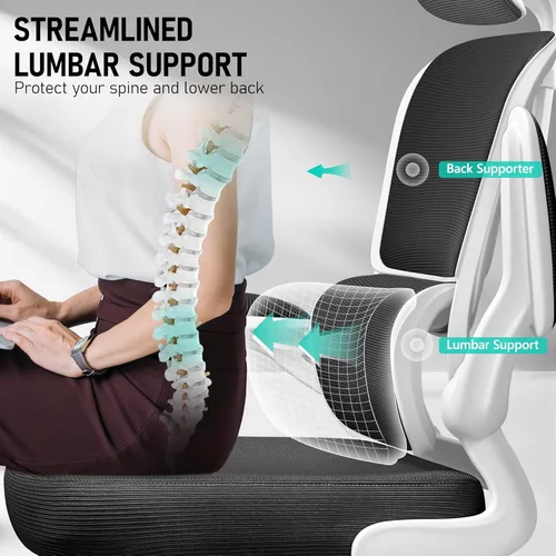 Miniatura 7 de Silla de oficina ergonómica de respaldo alto, silla de escritorio de malla transpirable con soporte lumbar, reposacabezas ajustable, reposabrazos