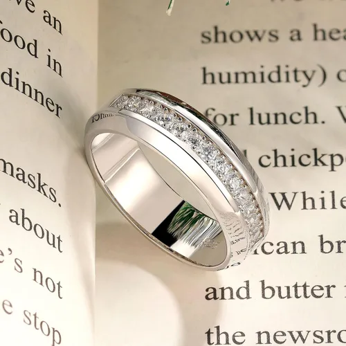Miniatura 3 de Anillo de boda de oro blanco para hombre, plata de ley 925 con 13 circonitas cúbicas de corte redondo, anillo de compromiso para él, talla 7-14